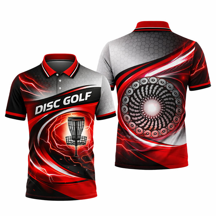 Disc Golf Polo Shirt Red Black Lightning Basket Graphic Performance Polo Unisex