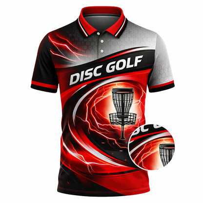 Disc Golf Polo Shirt Red Black Lightning Basket Graphic Performance Polo Unisex