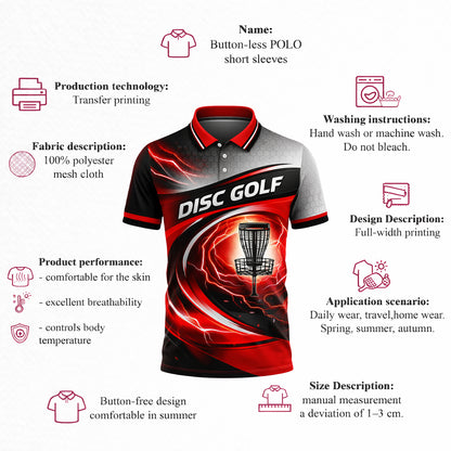 Disc Golf Polo Shirt Red Black Lightning Basket Graphic Performance Polo Unisex