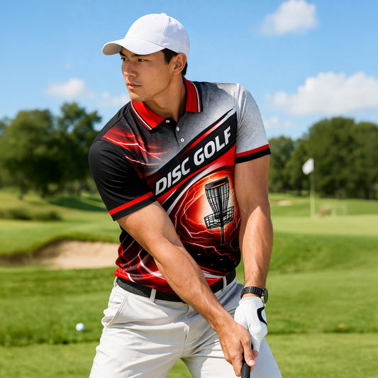 Disc Golf Polo Shirt Red Black Lightning Basket Graphic Performance Polo Unisex