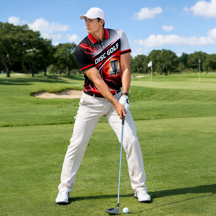 Disc Golf Polo Shirt Red Black Lightning Basket Graphic Performance Polo Unisex