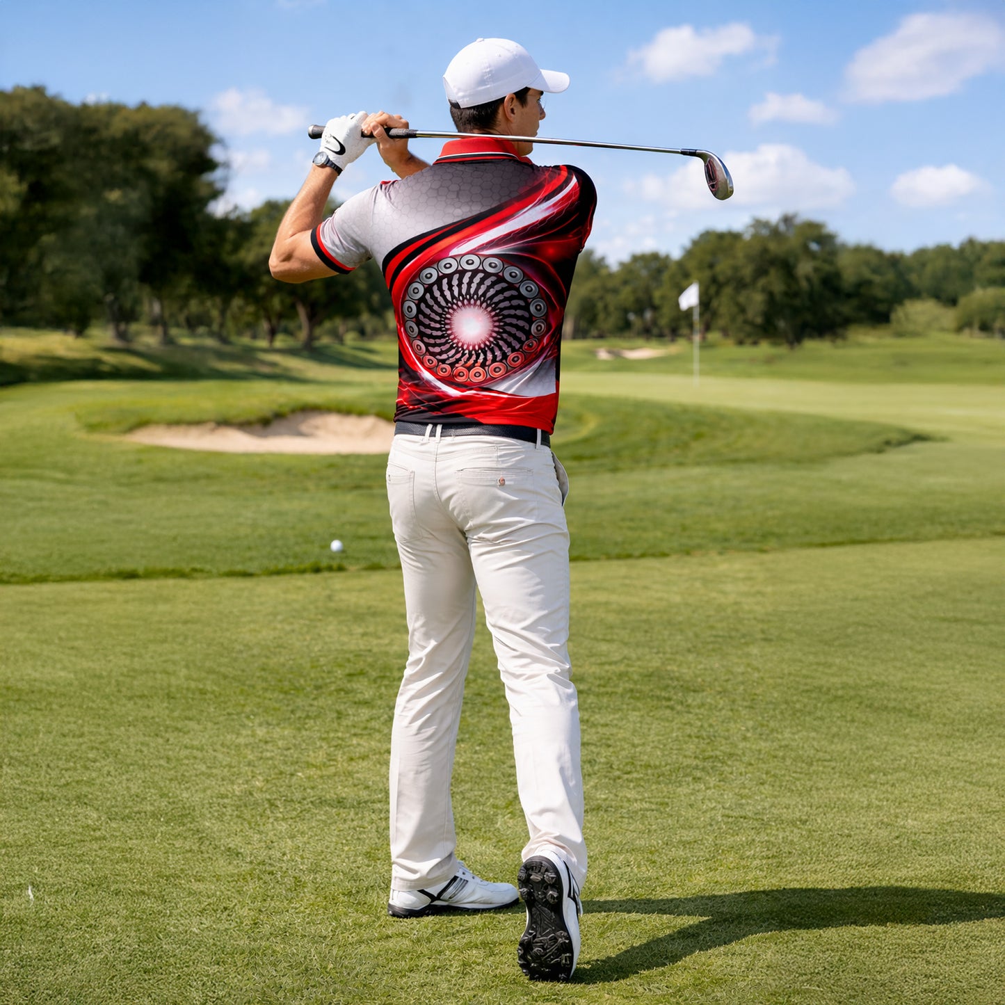 Disc Golf Polo Shirt Red Black Lightning Basket Graphic Performance Polo Unisex