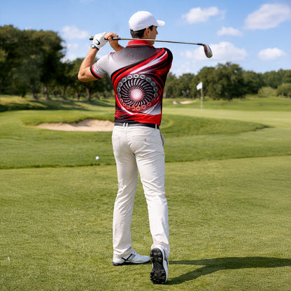 Disc Golf Polo Shirt Red Black Lightning Basket Graphic Performance Polo Unisex