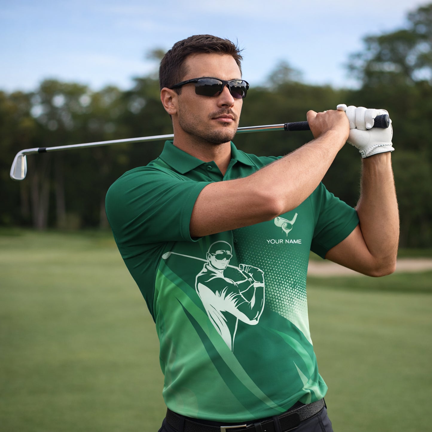 Golf Polo Shirt Personalized Name Green Gradient Golfer Swing Performance Polo Unisex