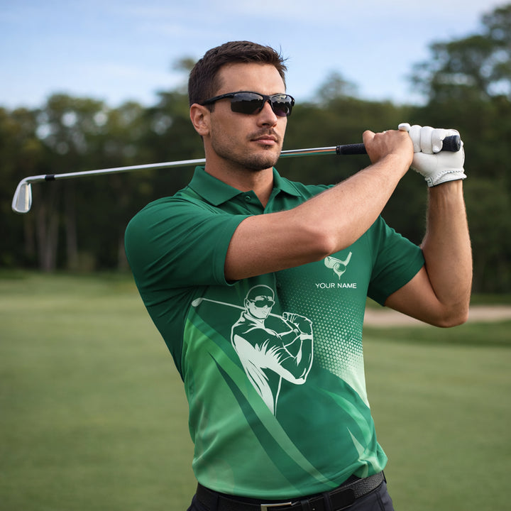 Golf Polo Shirt Personalized Name Green Gradient Golfer Swing Performance Polo Unisex