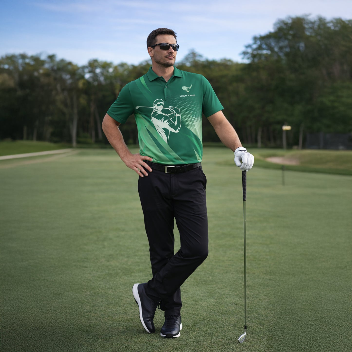 Golf Polo Shirt Personalized Name Green Gradient Golfer Swing Performance Polo Unisex