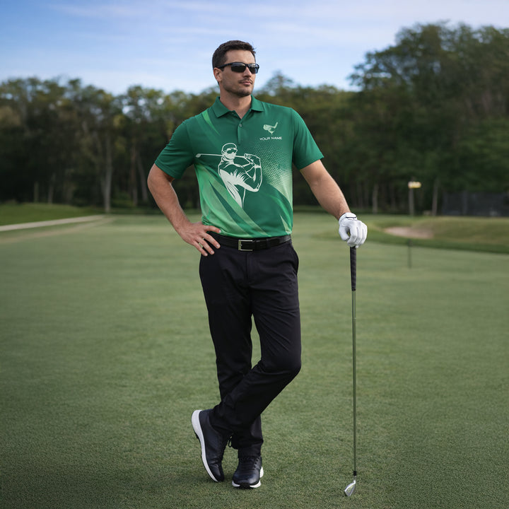 Golf Polo Shirt Personalized Name Green Gradient Golfer Swing Performance Polo Unisex