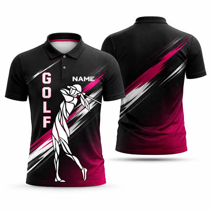 Custom Golf Polo Shirt Personalized Name Golfer Swing Graphic Black Pink Performance Polo Unisex