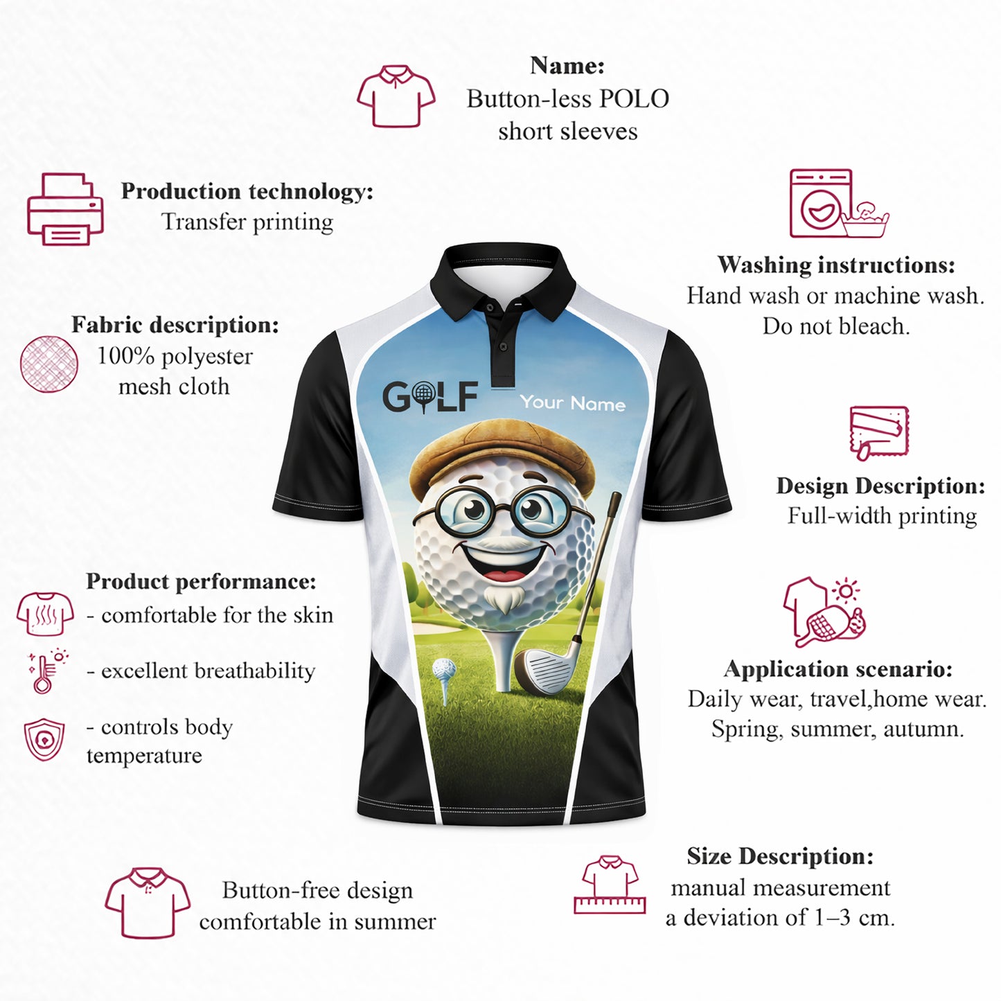 Funny Golf Polo Shirt Cartoon Golf Ball Grandpa Personalized Name Cute Golfer Performance Polo Men Women