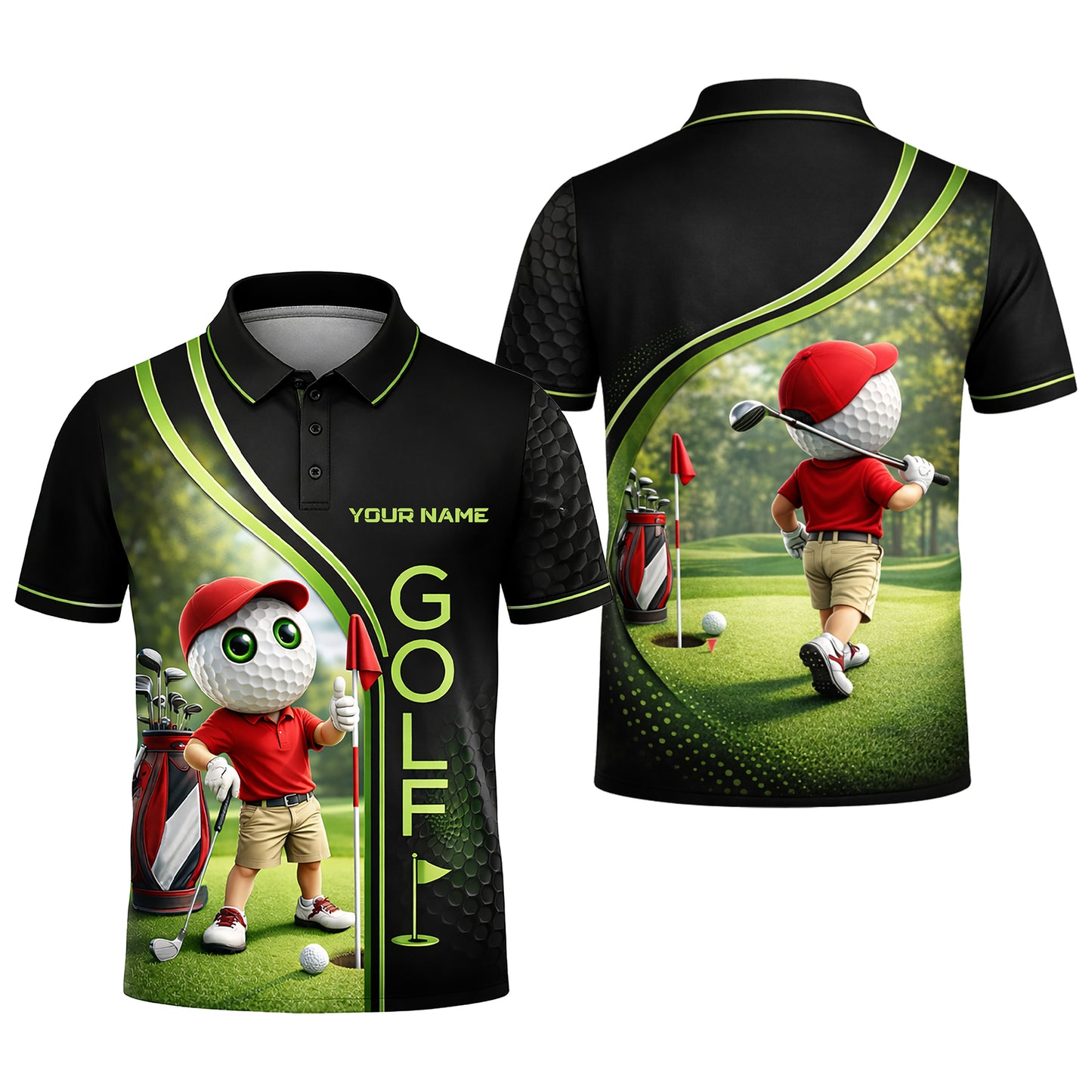 Funny Golf Polo Shirt Custom Name Cartoon Golf Ball Player 3D Performance Polo