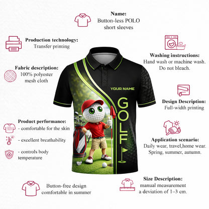 Funny Golf Polo Shirt Custom Name Cartoon Golf Ball Player 3D Performance Polo