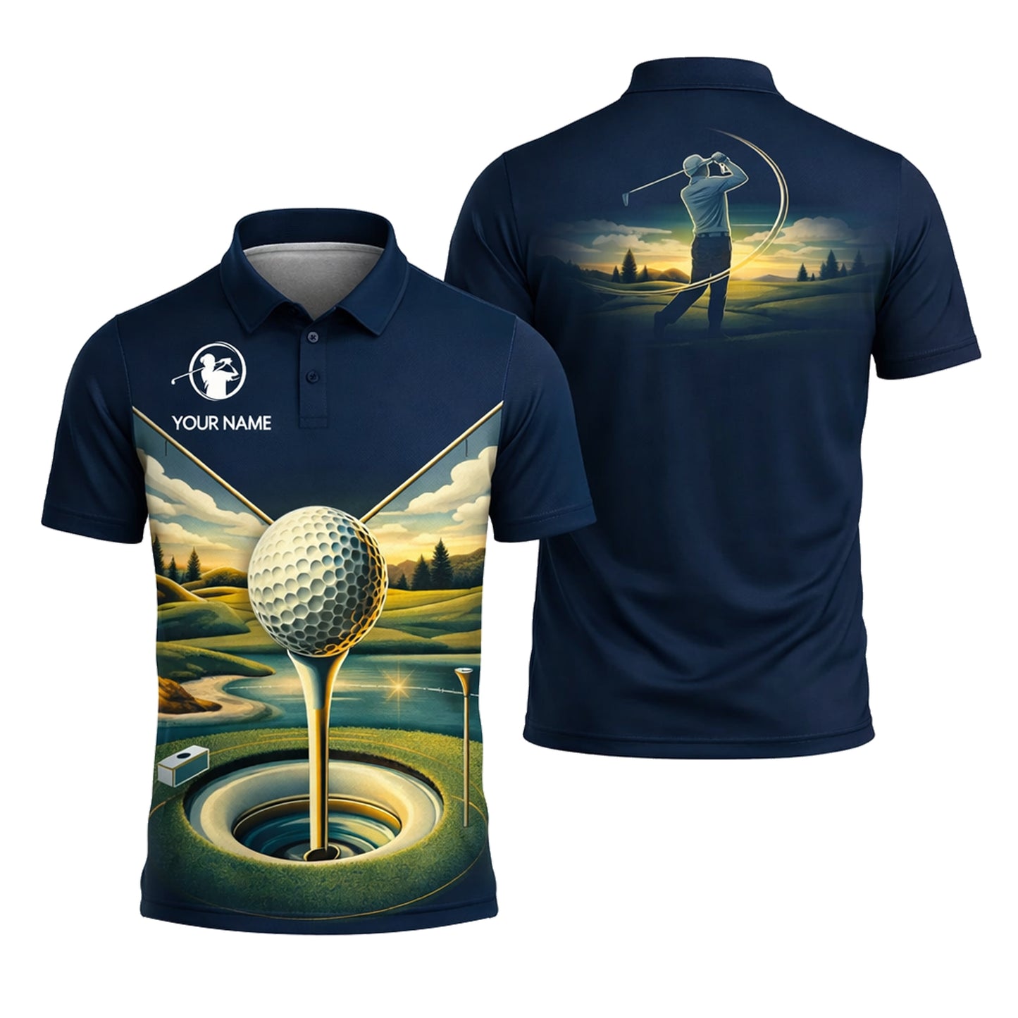 Golf Polo Shirt Personalized Name Scenic Golf Ball Hole Design Performance Shirt Unisex