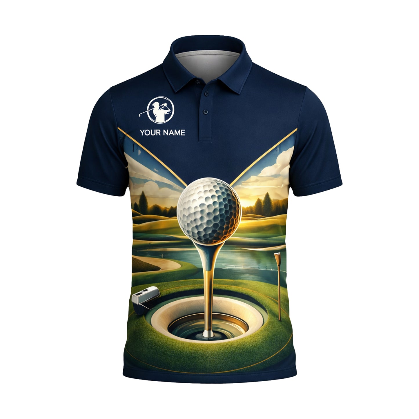 Golf Polo Shirt Personalized Name Scenic Golf Ball Hole Design Performance Shirt Unisex