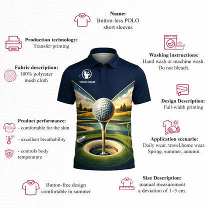 Golf Polo Shirt Personalized Name Scenic Golf Ball Hole Design Performance Shirt Unisex