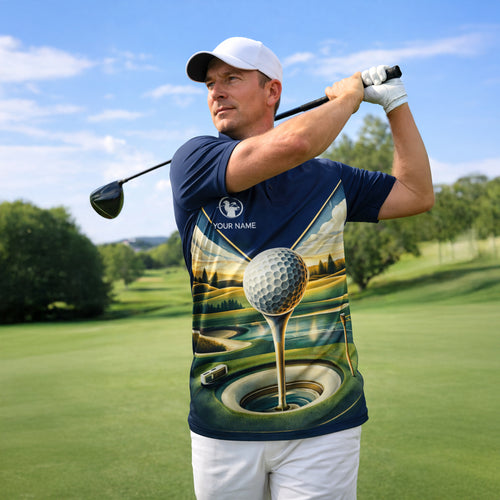 Golf Polo Shirt Personalized Name Scenic Golf Ball Hole Design Performance Shirt Unisex