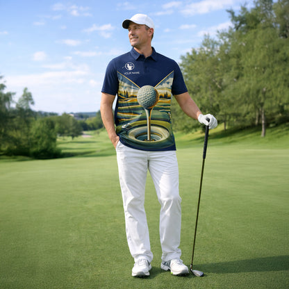 Golf Polo Shirt Personalized Name Scenic Golf Ball Hole Design Performance Shirt Unisex