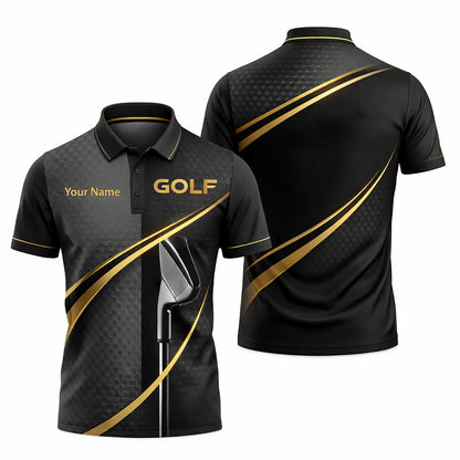 Custom Name Golf Polo Shirt Black Gold Performance Polo for Men Women Personalized Golf Shirt