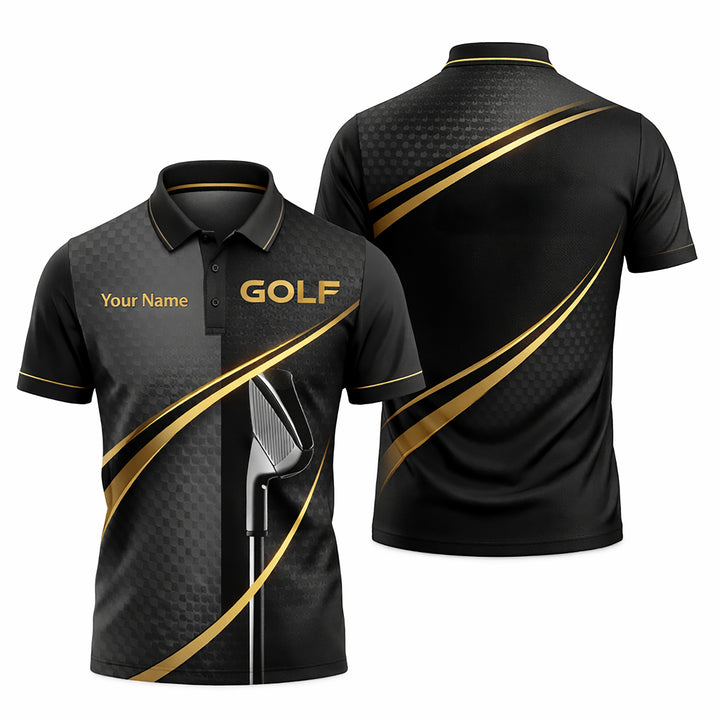 Custom Name Golf Polo Shirt Black Gold Performance Polo for Men Women Personalized Golf Shirt