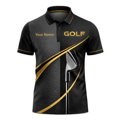 Custom Name Golf Polo Shirt Black Gold Performance Polo for Men Women Personalized Golf Shirt