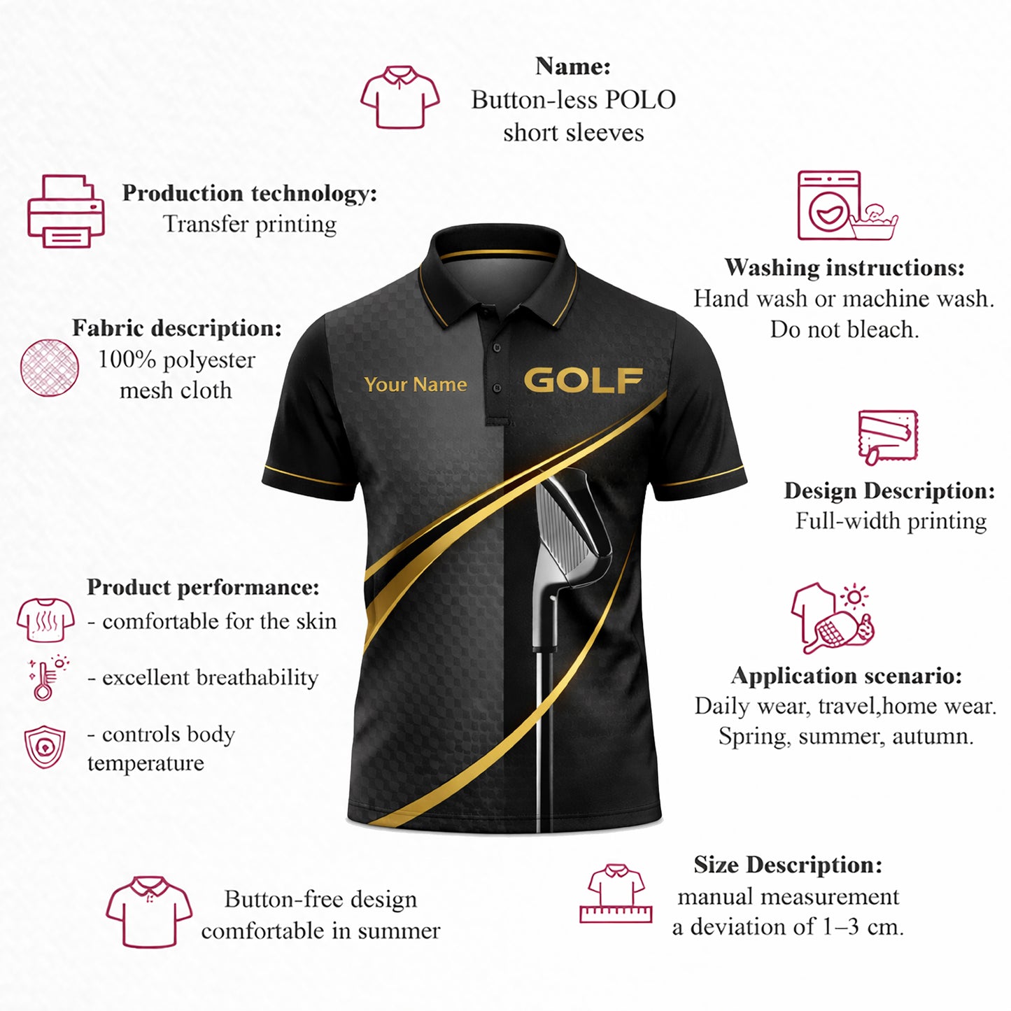 Custom Name Golf Polo Shirt Black Gold Performance Polo for Men Women Personalized Golf Shirt