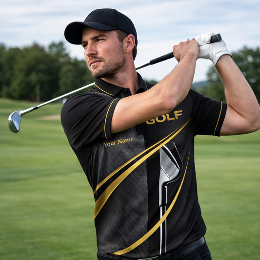 Custom Name Golf Polo Shirt Black Gold Performance Polo for Men Women Personalized Golf Shirt