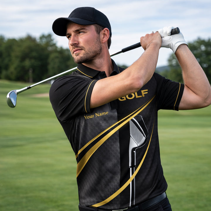 Custom Name Golf Polo Shirt Black Gold Performance Polo for Men Women Personalized Golf Shirt