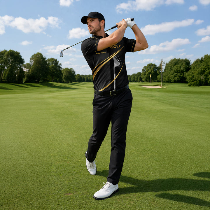 Custom Name Golf Polo Shirt Black Gold Performance Polo for Men Women Personalized Golf Shirt
