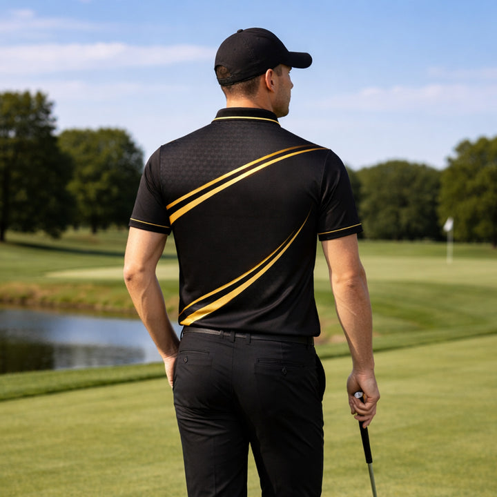 Custom Name Golf Polo Shirt Black Gold Performance Polo for Men Women Personalized Golf Shirt
