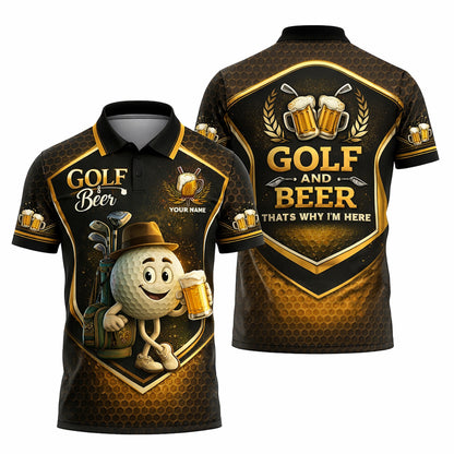 Custom Golf Polo Shirt Funny Golf and Beer Cartoon Performance Polo Personalized Name Unisex Sports Shirt Black Gold