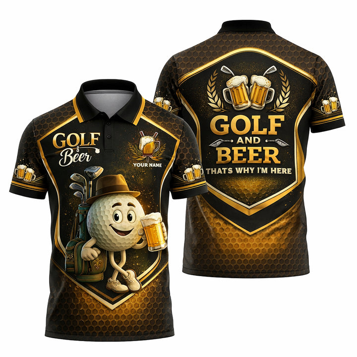 Custom Golf Polo Shirt Funny Golf and Beer Cartoon Performance Polo Personalized Name Unisex Sports Shirt Black Gold