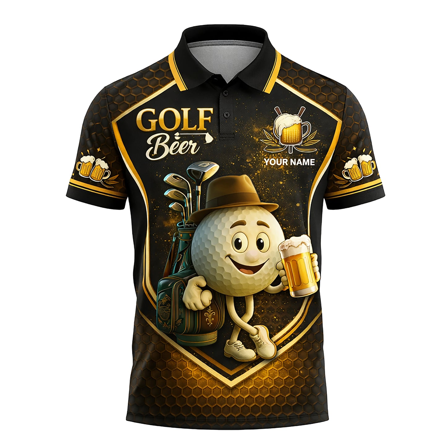 Custom Golf Polo Shirt Funny Golf and Beer Cartoon Performance Polo Personalized Name Unisex Sports Shirt Black Gold