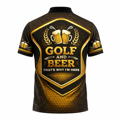 Custom Golf Polo Shirt Funny Golf and Beer Cartoon Performance Polo Personalized Name Unisex Sports Shirt Black Gold
