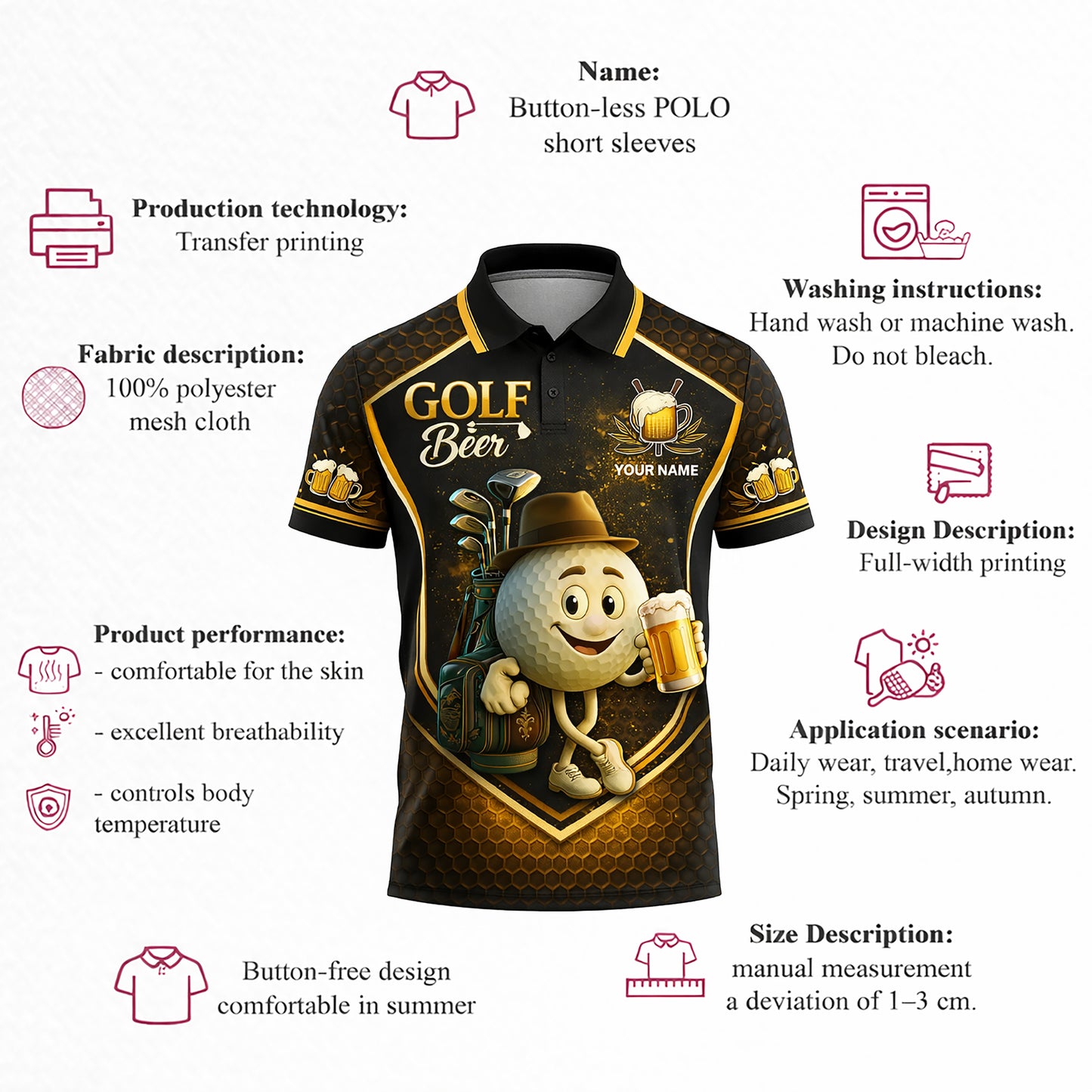 Custom Golf Polo Shirt Funny Golf and Beer Cartoon Performance Polo Personalized Name Unisex Sports Shirt Black Gold