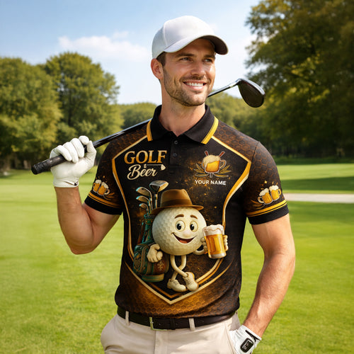 Custom Golf Polo Shirt Funny Golf and Beer Cartoon Performance Polo Personalized Name Unisex Sports Shirt Black Gold