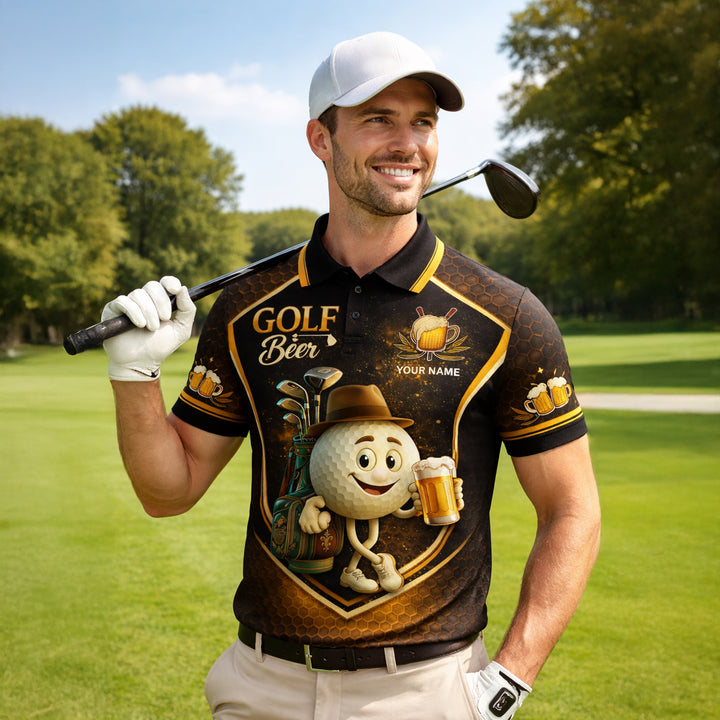 Custom Golf Polo Shirt Funny Golf and Beer Cartoon Performance Polo Personalized Name Unisex Sports Shirt Black Gold