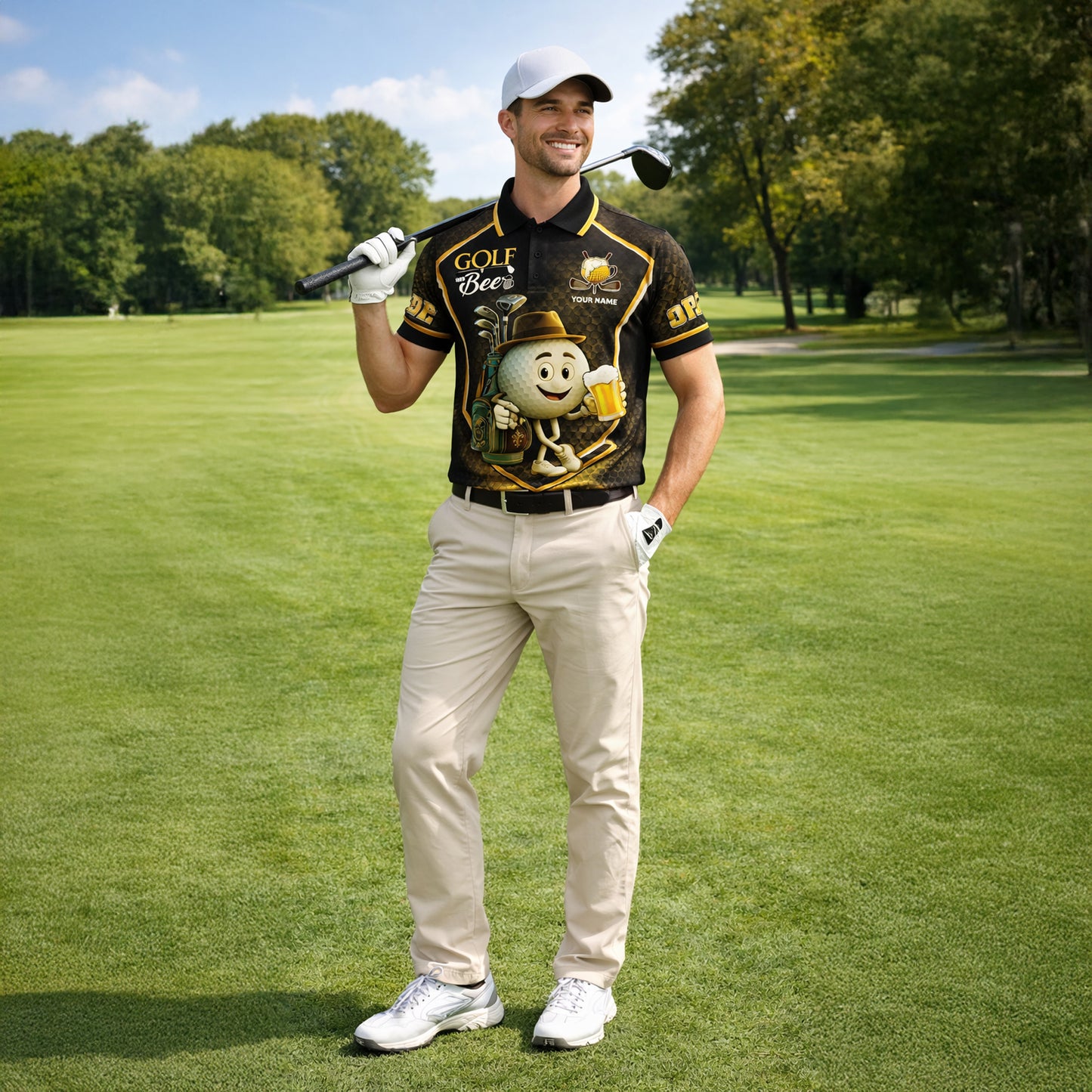 Custom Golf Polo Shirt Funny Golf and Beer Cartoon Performance Polo Personalized Name Unisex Sports Shirt Black Gold