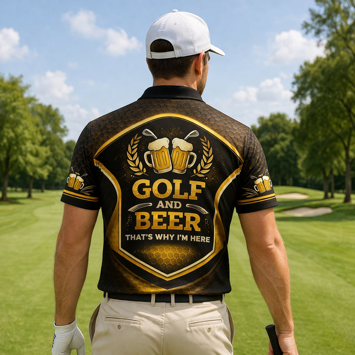 Custom Golf Polo Shirt Funny Golf and Beer Cartoon Performance Polo Personalized Name Unisex Sports Shirt Black Gold