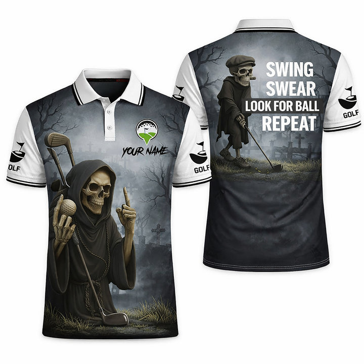 Funny Skull Golf Polo Shirt Custom Name Swing Swear Look For Ball Repeat Performance Shirt