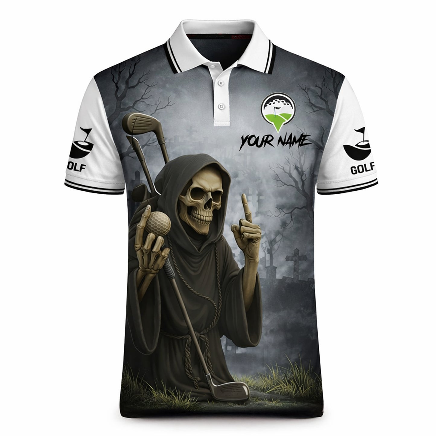 Funny Skull Golf Polo Shirt Custom Name Swing Swear Look For Ball Repeat Performance Shirt