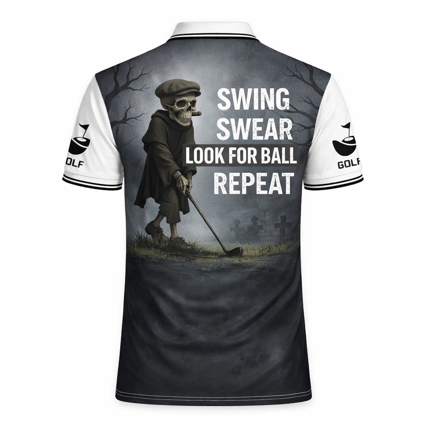 Funny Skull Golf Polo Shirt Custom Name Swing Swear Look For Ball Repeat Performance Shirt