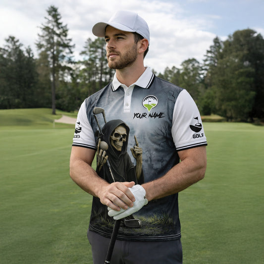 Funny Skull Golf Polo Shirt Custom Name Swing Swear Look For Ball Repeat Performance Shirt