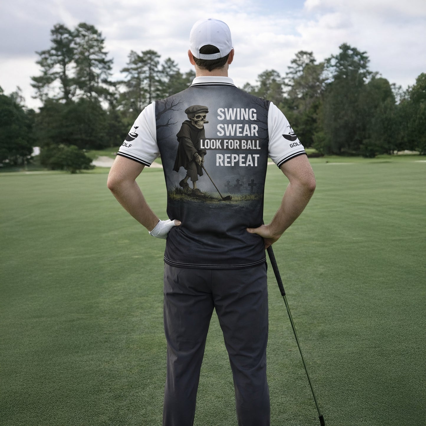 Funny Skull Golf Polo Shirt Custom Name Swing Swear Look For Ball Repeat Performance Shirt
