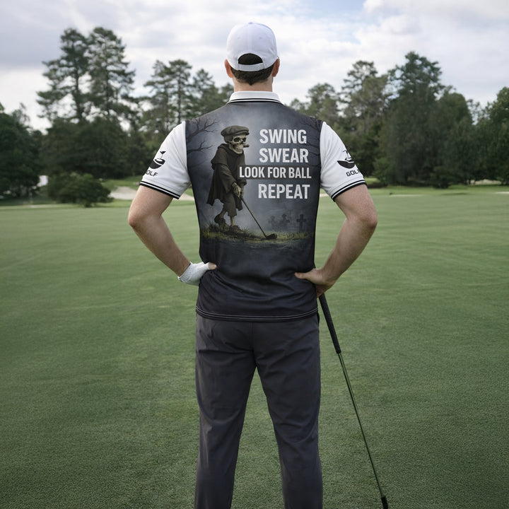 Funny Skull Golf Polo Shirt Custom Name Swing Swear Look For Ball Repeat Performance Shirt