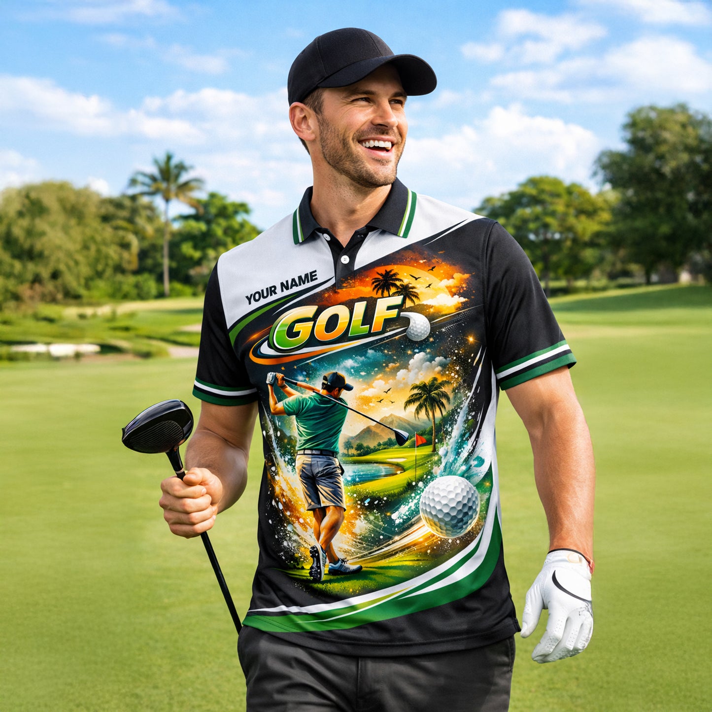 Custom Golf Polo Shirt Personalized Name Tropical Course Graphic All Over Print Performance Shirt