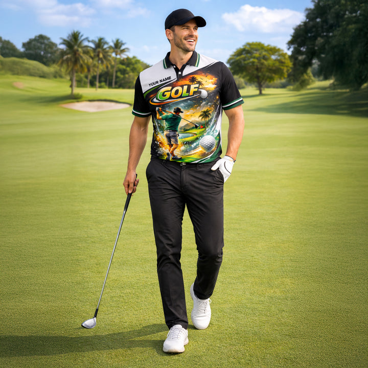 Custom Golf Polo Shirt Personalized Name Tropical Course Graphic All Over Print Performance Shirt