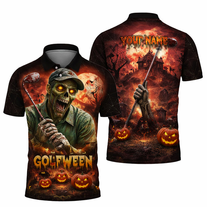 Golfween Halloween Golf Polo Shirt Custom Name Zombie Golfer Pumpkin Horror All Over Print