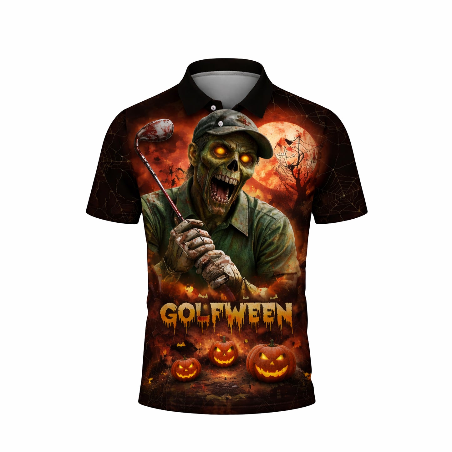 Golfween Halloween Golf Polo Shirt Custom Name Zombie Golfer Pumpkin Horror All Over Print