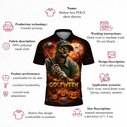 Golfween Halloween Golf Polo Shirt Custom Name Zombie Golfer Pumpkin Horror All Over Print