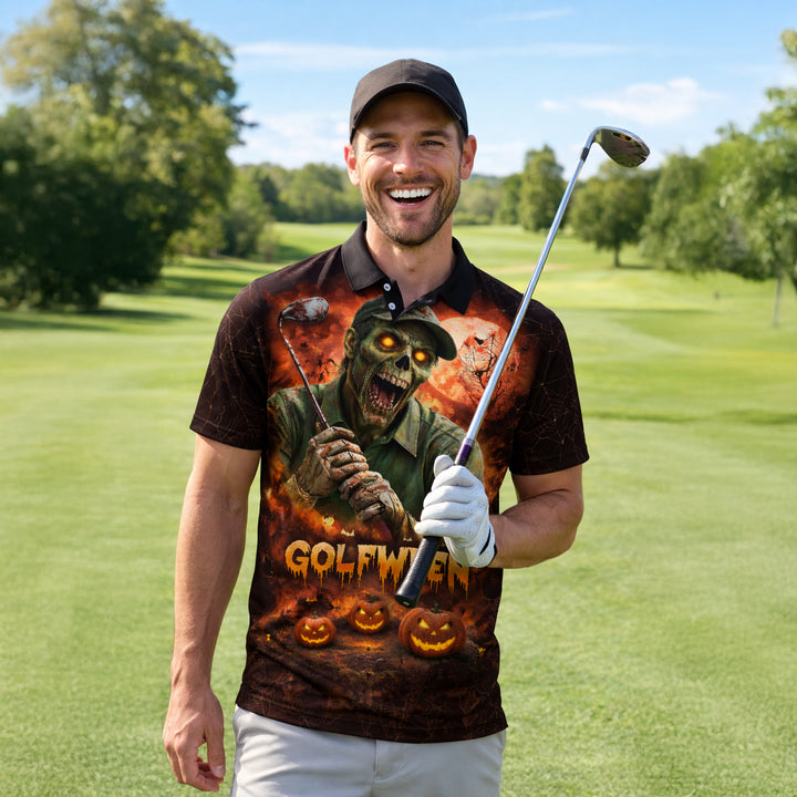 Golfween Halloween Golf Polo Shirt Custom Name Zombie Golfer Pumpkin Horror All Over Print