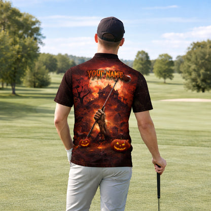 Golfween Halloween Golf Polo Shirt Custom Name Zombie Golfer Pumpkin Horror All Over Print